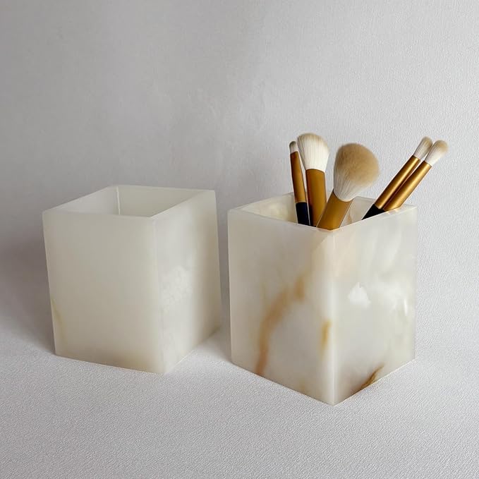 Natural Marble Stone Square Storage Container Empty Vessel Holder Cup for Candle/Pens/Sundries items (White Onyx)