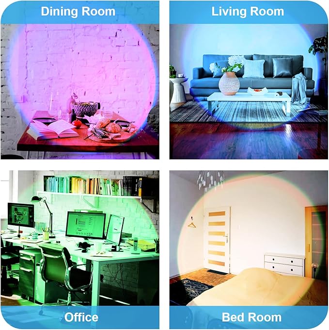 Sunset Projection Lamp - 180° Rotation | 16 Colors | LED | USB Powered | Decorative Atmospheric Lighting | Night Light | for Selfies, Bedroom, Living Room, Photography, Meditation, Multicolor
