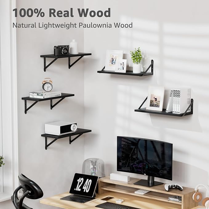 COCOYA Wall Shelves 7.3" Deep Set of 3, Solid Paulownia Wood Wider Longer Sturdy Easy to Install Wall Mounted Bookshelves Storage Shelves Bathroom Home Office Laundry Room Bedroom Organizer Black