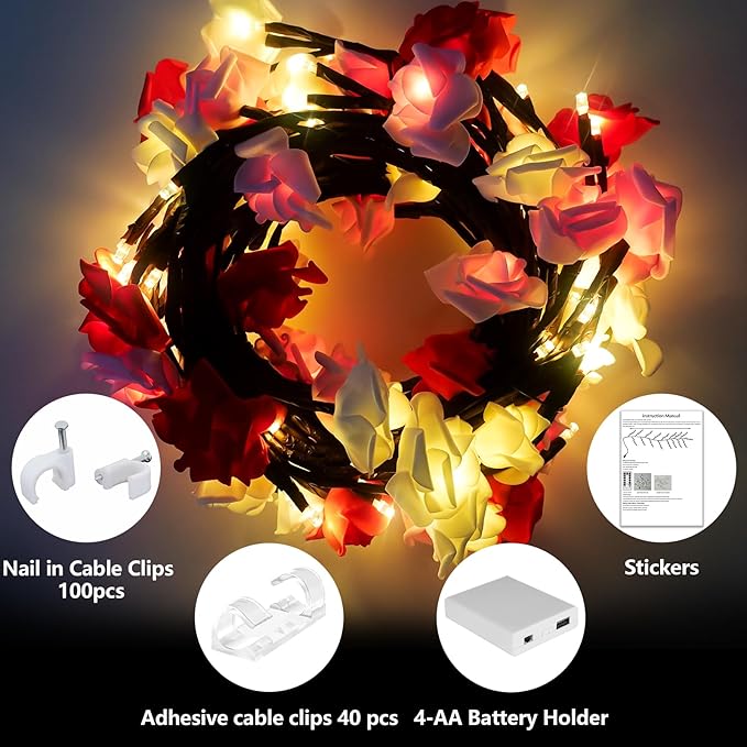 FNHMSL Rose Blossom Enchanted Willow Vine Lights, 7.55FT 144LED 3 Color Rose Blossom Tree Branch Lights for Wall, Remote Timer,8 Light Model,Bedroom Wall Doors Wedding, Christmas, USB Battery Box