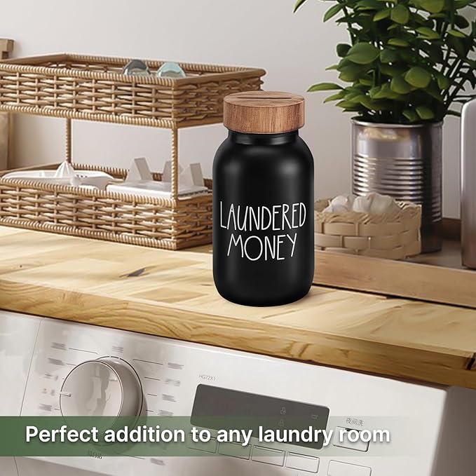 Laundry Room Decor & Organization - Premium Matte Black Glass Coin Bank with Wood Lid - Rustic Farmhouse Money Jar for Loose Change - Funny Laundered Money Tip Jar & Shelf Accessories