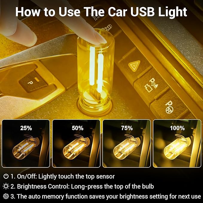 2 PCS Car USB Light Bulb, Retro Glass Bottle LED Night Lamp with Touch Dimmable Control, Portable Interior Ambient Lighting for Vehicle, Bedroom, Hallway, Gift for Christmas or Birthday, Warm White