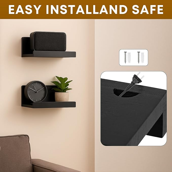 Floating Wall Shelves Set of 2, 12-Inch Solid Wood Shelves with Cable Holes, Small Display Shelf for Router, Webcam, Smart Speaker, Camera – Black