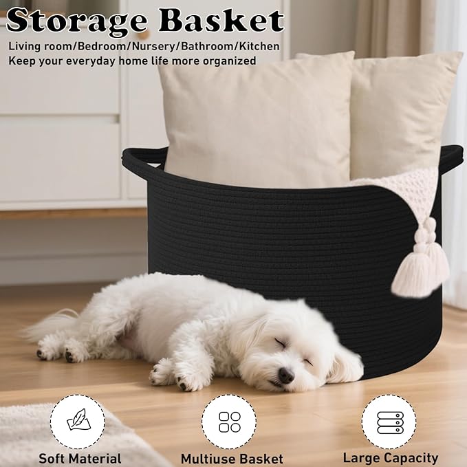 115L Extra Large Blanket Basket,Woven Rope Laundry Basket Hamper with Handles, Decorative Nursery Basket Storage Bin for Toys, Clothes Organizer, Living Room, Bedroom, Bathroom, Black