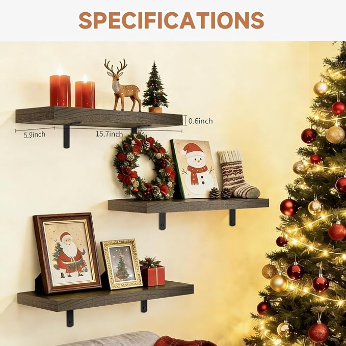 Easy Install Floating Shelves, 15.7 Inch Wall Mounted Wood Shelf,Hanging Shelf for Home Decor, Books and Storage, Small Organizer for Bedroom, Bathroom, Kitchen, Set of 3, Vintage Brown