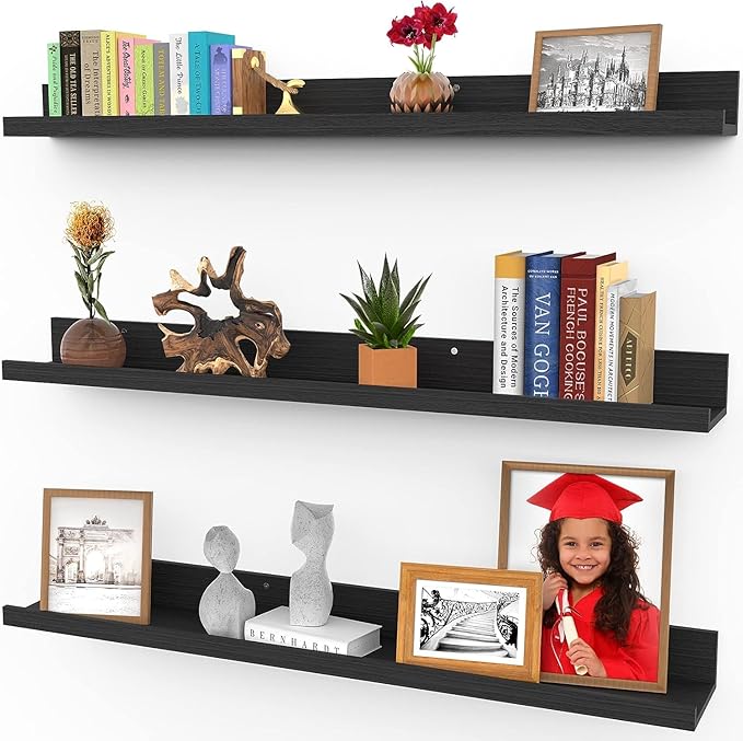 Icona Bay 36 Inch Floating Shelves for Wall - Set of 3 in Ebony Black - Modern Rustic Style - Wall Mounted Display Shelves - Picture Ledges
