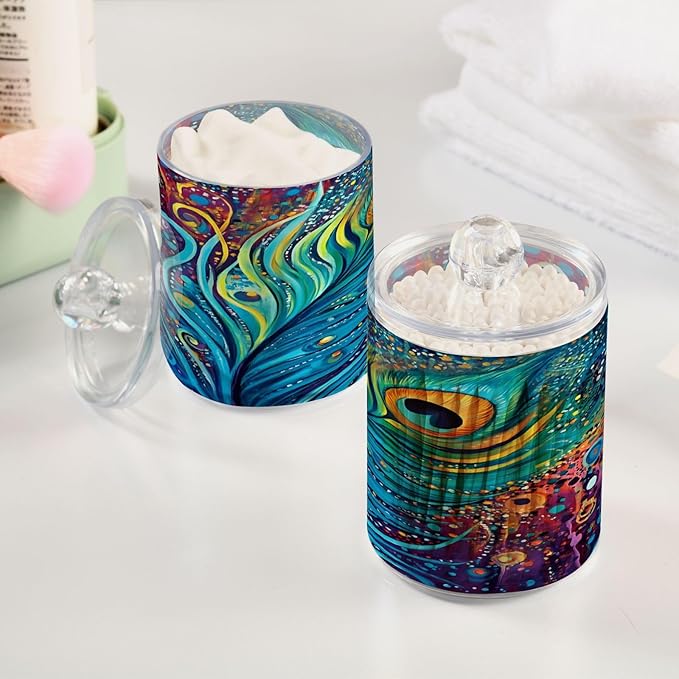 2 Pack Qtip Holder Dispenser for Cotton Ball Peacock Feathers Rainbow Feathers Blue Swab Round Pads Clear Plastic Acrylic Jar Set Bathroom Canister
