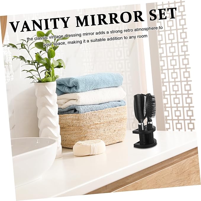 Beavorty Vintage Makeup Mirror Set Plastic Comb Organizer Rack 4-Piece Portable Vanity Mirror and Hair Tool Holder for Desktop Use for Stylists and Barbers