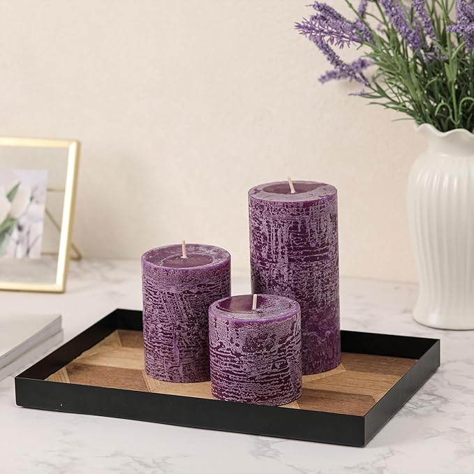 3x4 Inch Purple Pillar Candles Set of 3 - Hand-Poured Unscented Candles, Long Clean Burning, Smokeless Dripless Candle for Dinner Table, Wedding, Home, Bathroom, Advent Decor