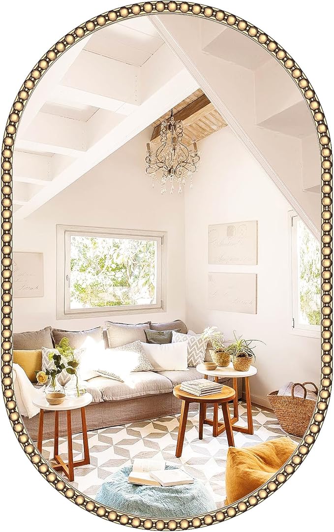 Gold Oval Mirror for Bathroom, 20"x33" Beaded Antique Brass Mirror for Wall Decorated, Champagne Bronze Vintage Vanity Mirrors for Bedroom Living Room Hallway Fireplace