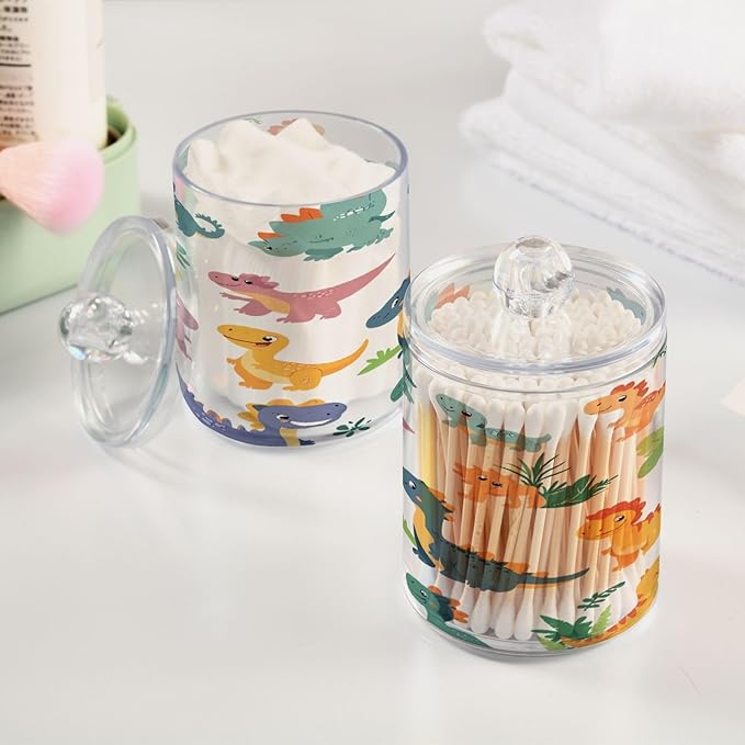 Nander 4Pack Cartoon Dinosaur Qtip Holder Dispenser -Clear Plastic Apothecary Jars Set - Restroom Bathroom Makeup Organizers Containers for Cotton Swab, Ball, Pads, Floss