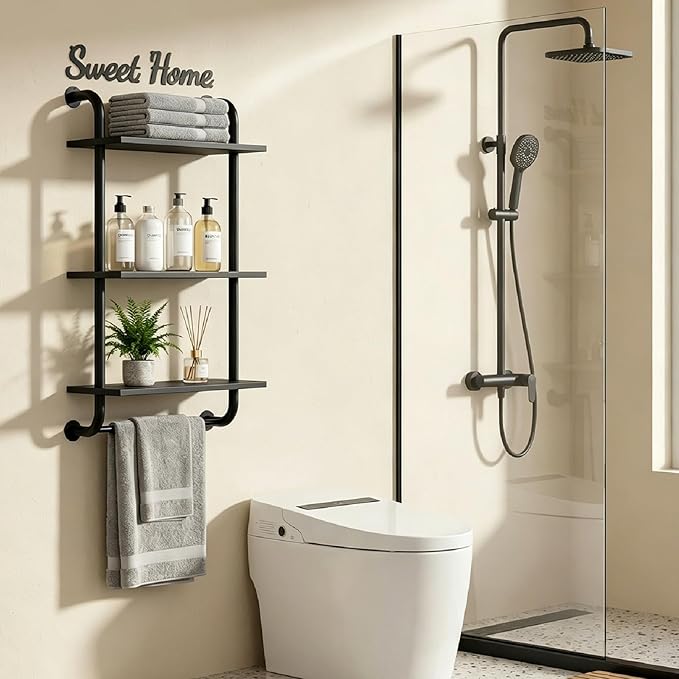 Tinpin Bathroom Shelves Wall Mounted, Rustic Farmhouse Pipe Shelves, Walls Shelf 3-Tier, Industrial Pipe Shelving, Floating Shelf Wall Decor for Bathroom, Kitchen, Bedroom, Living Room 17.3in Black