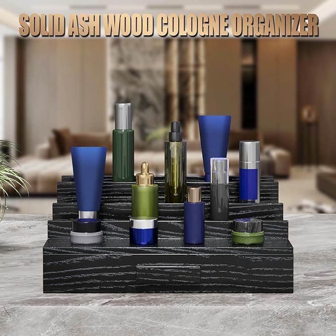 Solid Walnut Cologne Organizer for Men,Cologne Stand,4 Tier Wooden Cologne Holder Shelf Display,Perfume Stand Organizer with Drawer and Hidden Compartment,Gift for Men Dad Husband,Black