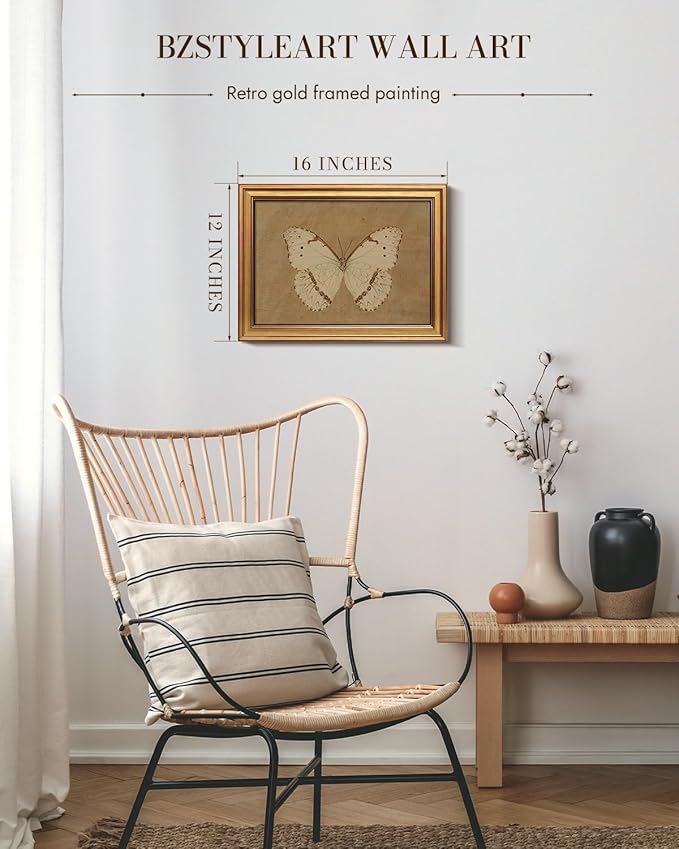 Bzstyleart Vintage Wall Art Decor for Living Room, Gold Framed Canvas Butterfly Wall Art, Vintage Butterfly Picture Prints, Gold Framed Artwork, 12 x 16 Inch