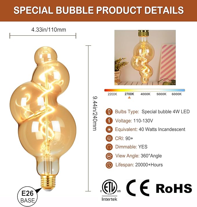 40 Watt Decorative Vintage LED Light Bulbs, Special Bubble 4W LED Filament Edison Bulb,2700K Oversized Warm Lights,Dimmable E26 Lamp Base,1-Pack