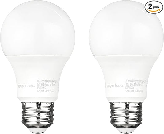 Amazon Basics A19 Dusk to Dawn Sensor LED Outdoor Light Bulb, 60W Equivalent, Energy-Efficient 9W, Daylight 5000K, E26 Base, 10,000 Hours, 2 Count (Pack of 1)