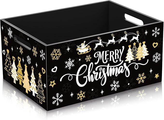Soaoo Christmas Wooden Crate 11.4 x 8.3 x 5.4 Inch Merry Christmas Storage Box with Handles Decorative Rustic Farmhouse Wood Basket for Xmas Hot Cocoa Bar Candy Pet Table Decor (Black)