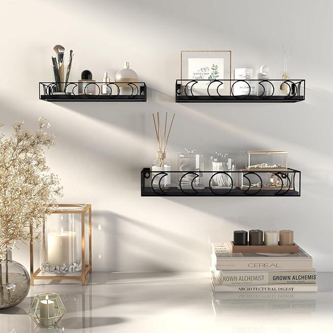 PHAREGE Moon Phase Floating Shelves Black, Set of 3 Small Decorative Wall Shelves for Book Plant Storage, Crystal Figurine Collectibles Display Shelf for Bedroom Kid Room