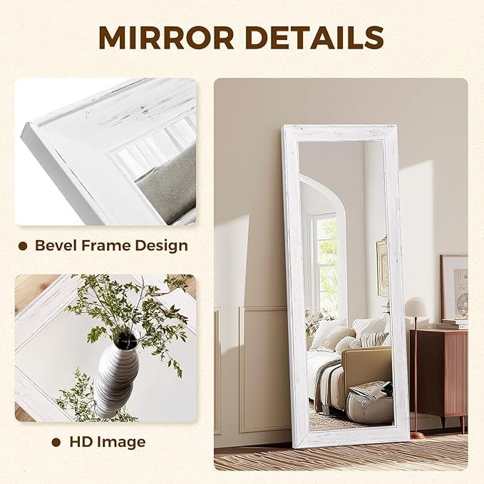 Full Length Mirror 58"x22" - Beveled Edge Rustic White Dressing Mirror, Solid Wood Frame, Wall Mounted or Leaning for Bedroom, Entryway, Living Room