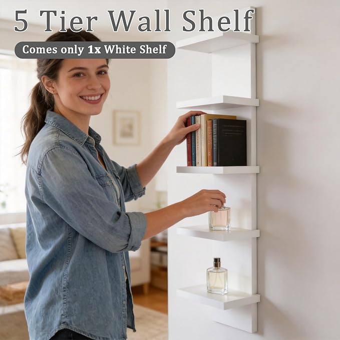5 Tier Wall Shelves White, Vertical Column Shelf Floating Storage Home Decor Organizer Tall Tower Design Utility Shelving for Bedroom Living Room