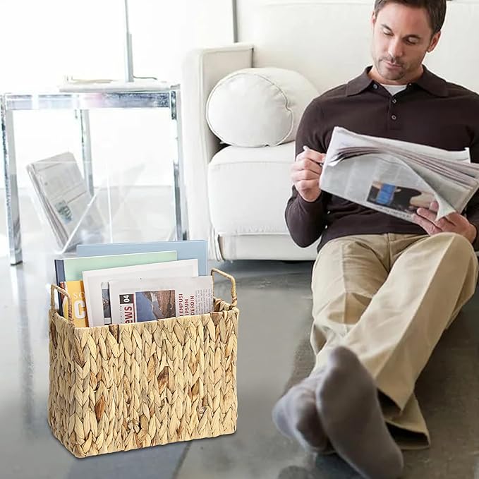 BTSKY Woven Magazine Holder, Water Hyacinth Magazine Basket, Natural Narrow Storage Basket Bin for Books & Files, Magazine Rack with Built-in-Handle for Home, Office & Desk - 12.1x5.6x10.9 Inch