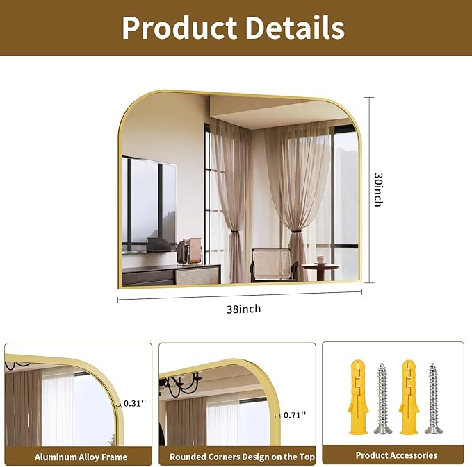 Gold Arched Top Wall Mounted Mirror - 38 x 30 Inch Round Cruved Top Bathroom Vanity Mirror, Aluminum Metal Framed, Home Decor for Living Room, Bedroom, Fireplace, Mantle, Entryway