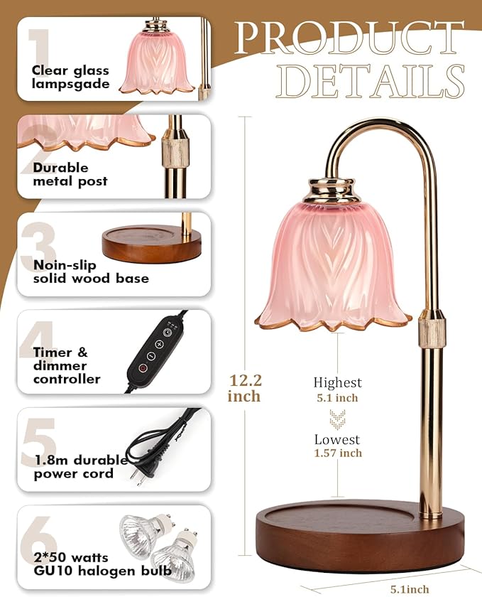 Funistree Candle Warmer Lamp, Gold Candle Lamp Warmer with Timer & Dimmer with 2 Bulbs, Birthday Gifts for Women Mom, New Home Bedroom Decor, Height Adjustable