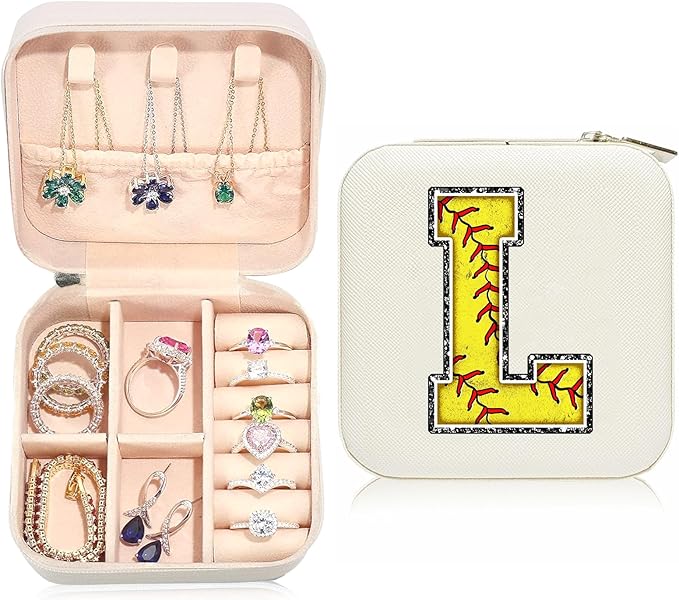 Softball Initial L Travel Jewelry Case,Valentine's Day Gift Softball Gifts for Teen Easter,Jewelry Box Personalized Softballs Accessories Letter Birthday Gifts for Players Coach Team Mom