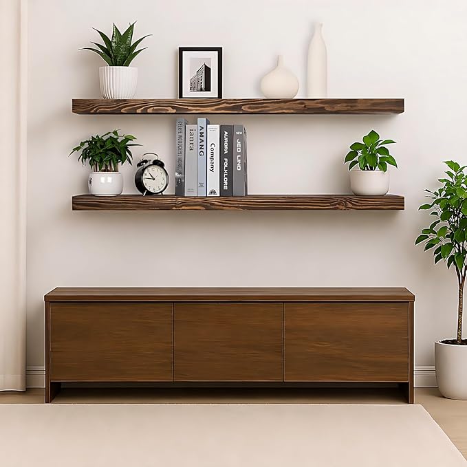 48 Inch Floating Shelves,8-Inch Deep High-End Solid Wood Floating Shelves for wall Set of 2,Rustic Walnut Wall Shelves for Bedroom Kitchen&Living Room,Sturdy Hidden Bracket,48x8x2,Walnut Finish
