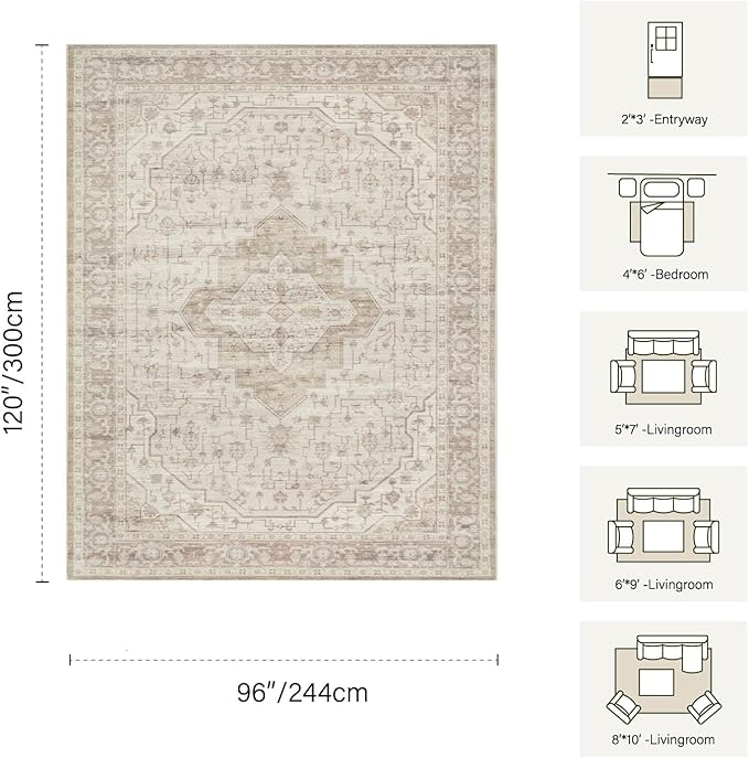 Rugxara 8x10 Washable Area Rug for Living Room, Vintage Neutral Extra Large Boho Rugs for Office, Kids Room, Farmhouse, Durable Low Pile Non Slip Carpet for High Traffic Areas, Cream