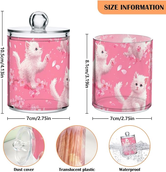 2 Pack Apothecary Jars Whimsical White Kitten Cherry Bathroom Vanity Storage Organizer Set,Small Clear Plastic Storage Jars Bathroom Canister for Cotton Swabs, Rounds, Balls, Qtips,Makeup Spong