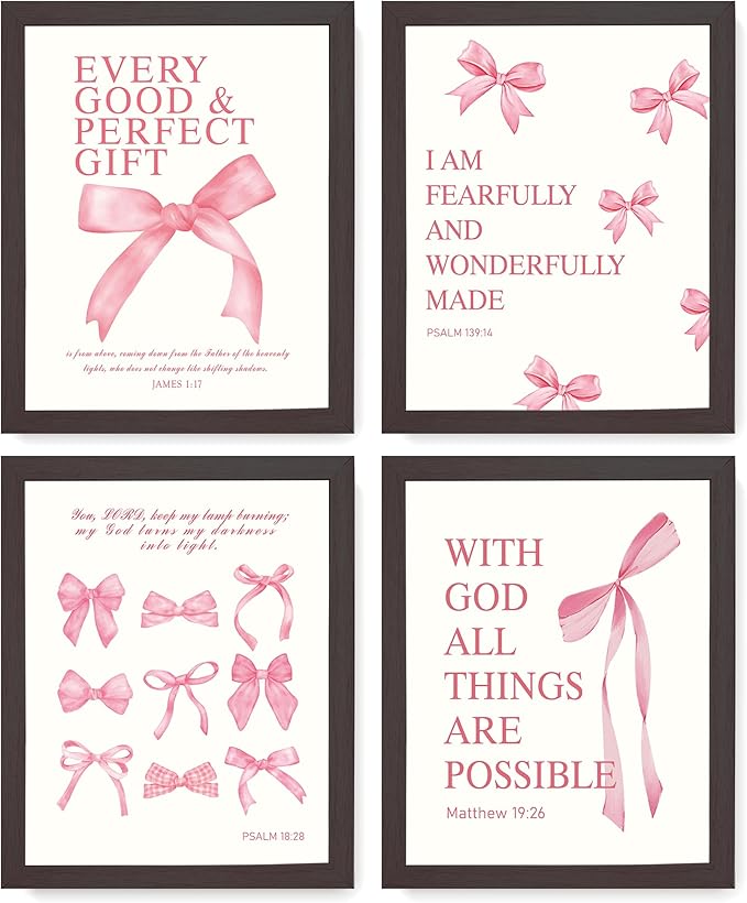 LARTSFRO Coquette Pink Bow Wall Art Decor Posters, Pink Bow Room Bedroom Bathroom Dorm Wall Art Decor Aesthetic for College Teen Girls Gifts, Inspirational Bible Verses Bow Wall Decor, 10x8 Inch Set of 4 Pcs Bow Pictures (DARK FRAMED)