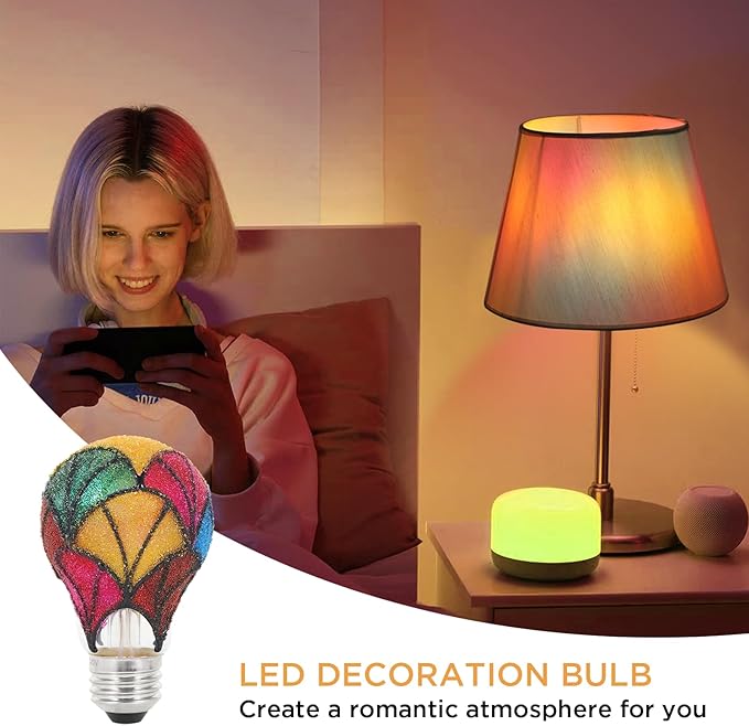Stained Glass LED Light Bulb, 3.5W E26 Base A19/A60 Color Bulb 120V, Frosted Ambiance Bulb for Home Lighting, Party, Festive Decoration, 2 Pack Non-Dimmable