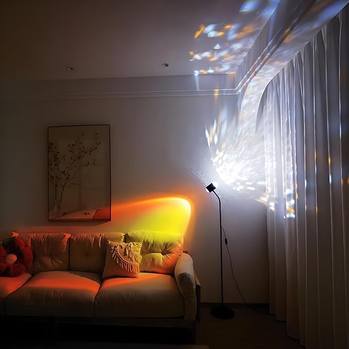 Sunset projection floor lamp, dual head sunset lamp with water ripple vertical Floor light, replaceable filter 360 ° rotating LED Atmosphere lights 3 color color changing living room sunset floor lamp