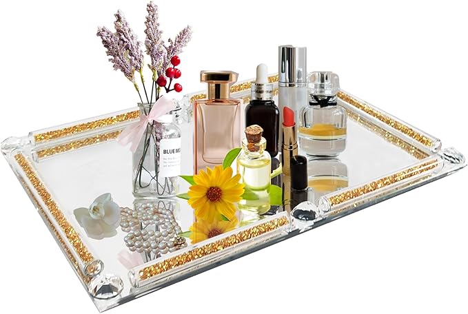 Gold Glass Tray, 11.8" x 7.9" Decorative Crystal Glass Cosmetic Perfume Display Tray for Gorgeous Dresser Countertop,Noble Jewelry Organizer with Diamond for Home Decor,Banquet Party