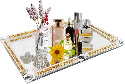 Gold Glass Tray, 11.8" x 7.9" Decorative Crystal Glass Cosmetic Perfume Display Tray for Gorgeous Dresser Countertop,Noble Jewelry Organizer with Diamond for Home Decor,Banquet Party