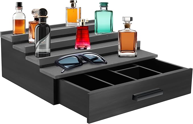 Cologne Organizer for Men，4 Tier Wood Perfume Display Stand with Velvet Lining Drawer and Hidden Compartment ，Perfume Organizer for Men，Great Gift for Man (Black)
