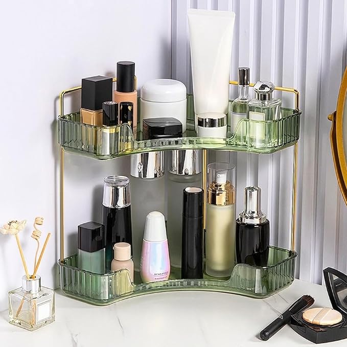 Multi-Tier Corner Countertop Organizer Rack, Makeup Organizer Countertop, Bathroom Counter Organizer, for Skincare and Cosmetics, Ideal Vanity Gift (Transparent Green, 2-Tier)