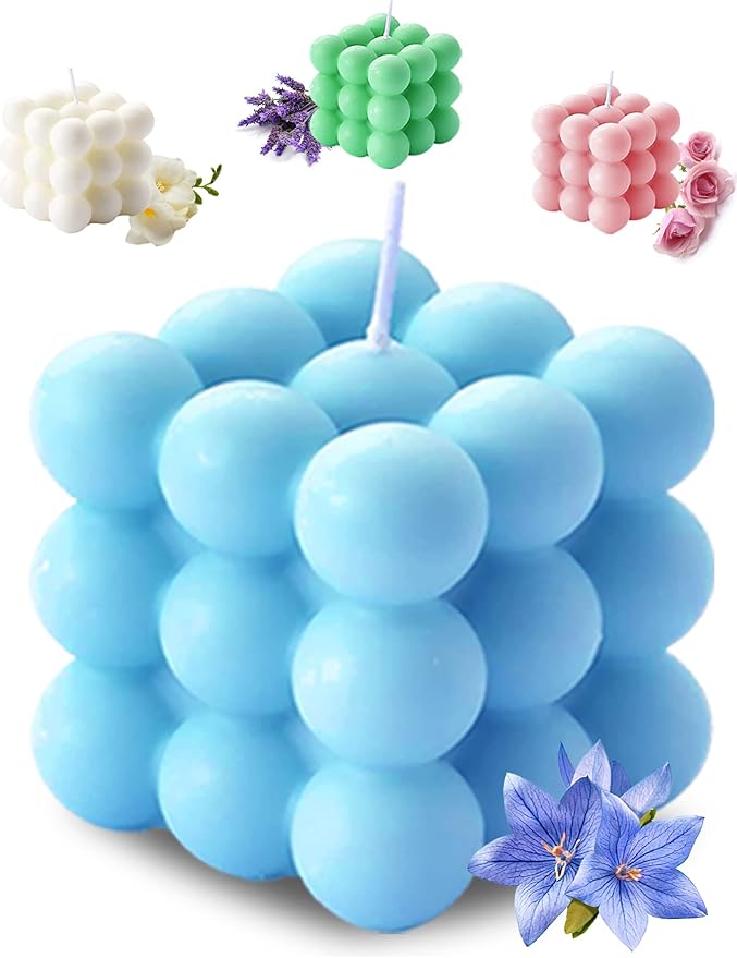 Scented Bubble Cube Candles, 5.4 oz Soy Wax Aromatherapy Candle, Bluebell (Blue) Scent, Modern Floral Decorative Candle for All Occasions