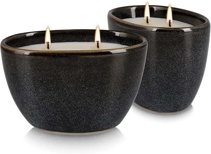 2-Pack Black Ceramic Citronella Scented Candles – Dual-Wick, All-Natural Wax, Decorative Geometric Design for Indoor/Outdoor Ambiance