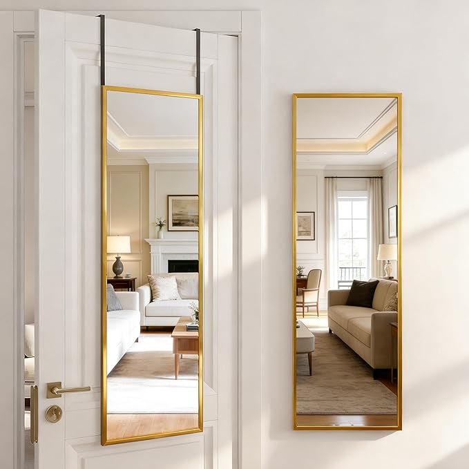 Antok 48''x 14'' Full Length Mirror Over Door, 4-in-1 Standing Leaning Wall Mounted, Adjustable Hanging Mirror for Bedroom Living Room, Gold, Rect Corner
