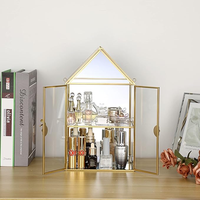 ELLDOO 2 Tier Clear Glass Storage Box, Gold Mirrored Jewelry Makeup Display Organizer Case, Decorative Tower box Storage for Trinket Perfume Lipstick Figure Statue Toy Display, House Shape