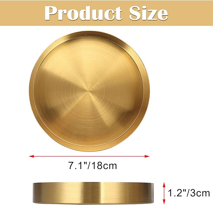 Hipiwe Round Key Bowl for Entryway 7.1" Gold Decorative Tray Jewelry Ring Dish Stainless Steel Candle Holder Plate Perfume Tray Metal Vanity Trays for Bathroom Dresser Home Decor