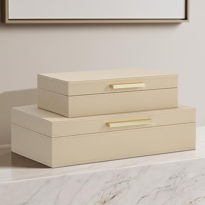 ZICOTO Decorative Storage Boxes with Lids – Set of 2 Beautiful PU Leather Organizer Bins for Your Bookshelf Home Decor - Safely Store Photos, Documents and Memory Box Keepsakes in Style