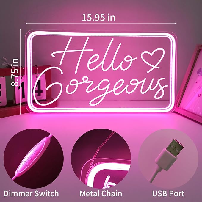 Hello Gorgeous Neon Signs Hello Beautiful Bedroom Neon Signs Pink Neon Sign are Suitable as Background WallDecor ations for Family Weddings and Birthdays Pink Neon Light Wth Dimmable Switch