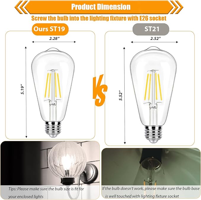 8 Pack Dimmable LED Edison Bulbs 40W Equivalent, ST19/ST58 4W Vintage LED Light Bulbs for Home Lighting, 90 CRI, 450LM, E26 Base, 4000K Cool White