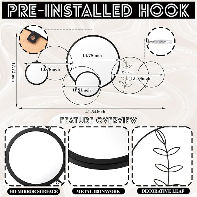 Hicarer Wall Mirror Decorative 41.34'' x 17.72'' Round Modern Metal Wall Mirrors Set for Living Room Circle Plates Overlapping Decorations for Hallway Entryway(Black)
