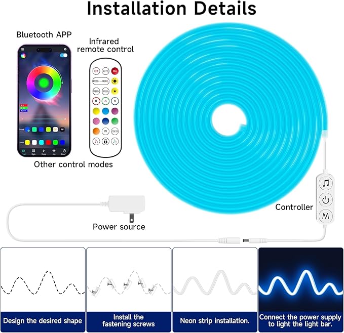 KANTUTOE LED Neon Rope Lights, 13.1ft RGB LED Light Strip, 24V Music Sync App/Remote Control DIY Rope Light, IP67 Waterproof Gaming Neon Strip Lights for Bedroom Indoor Oudoor Décor
