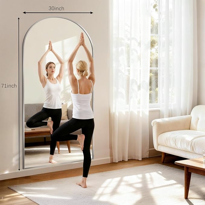 Oversized Full Body Mirror 30x71 inch Arched Full Length Mirror with Stand Aluminum Wall Mounted Hanging or Leaning Standing Mirrors,Silver