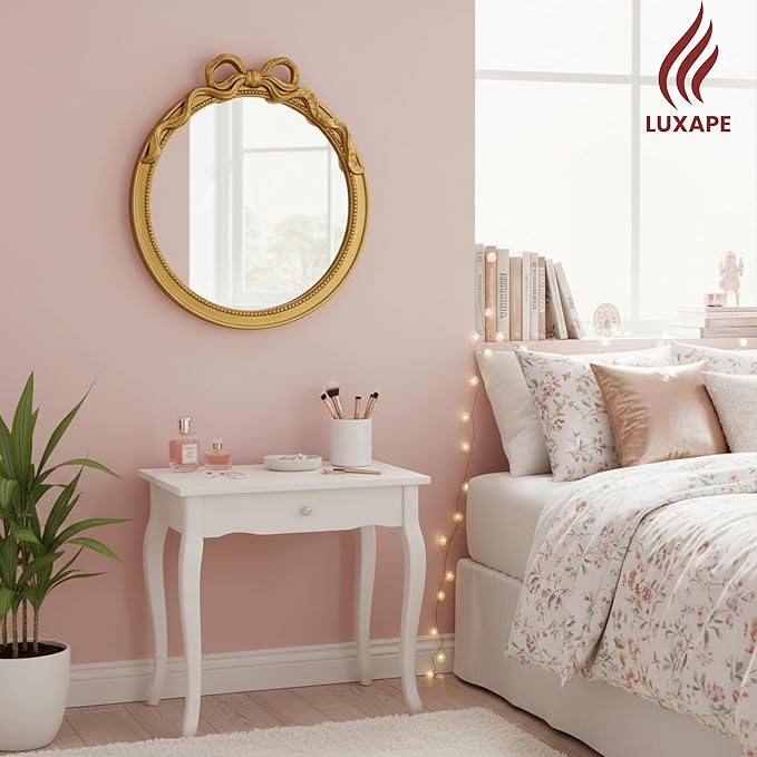 24-Inch Gold Bow Resin Mirror – Perfect Decorative Accent for Nursery and Elegant Baby Room Decor (Gold, 26x24in)
